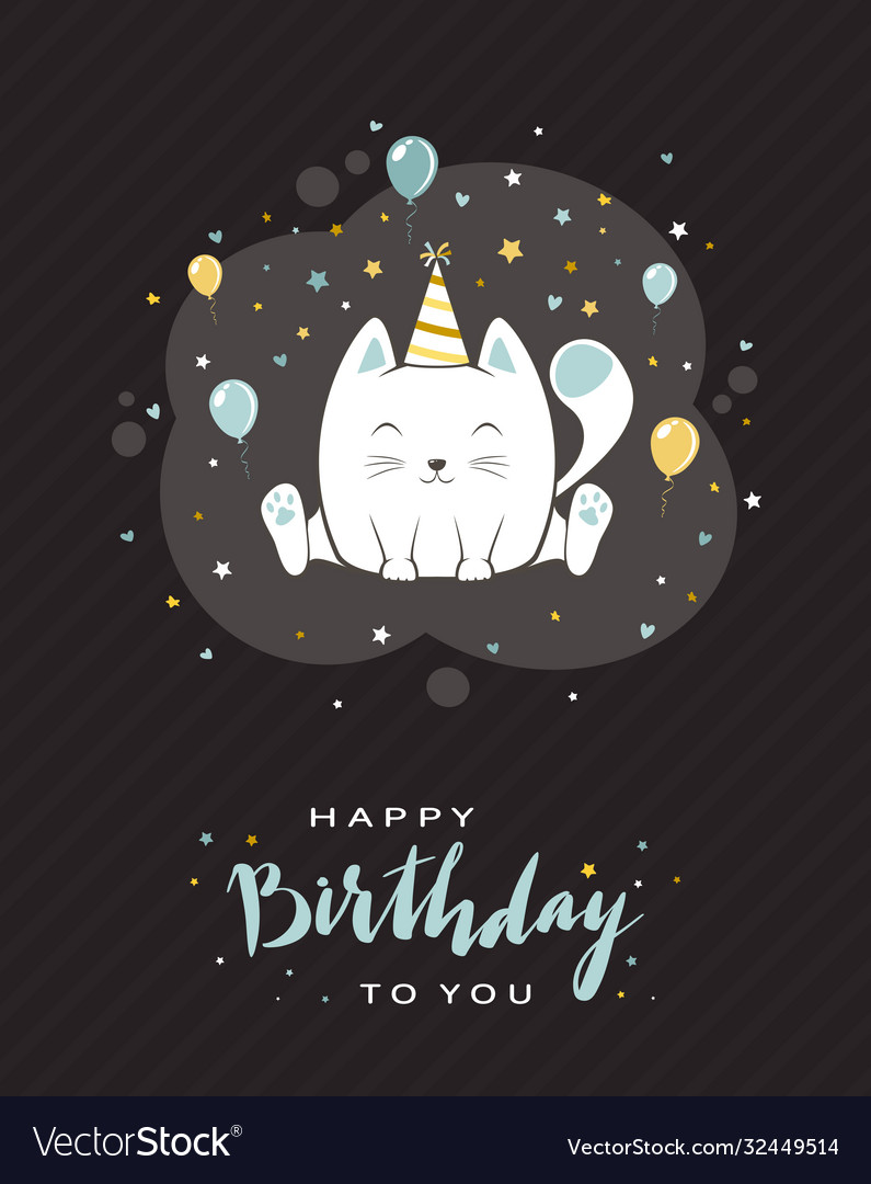 Text happy birthday and cute kitty with balloons