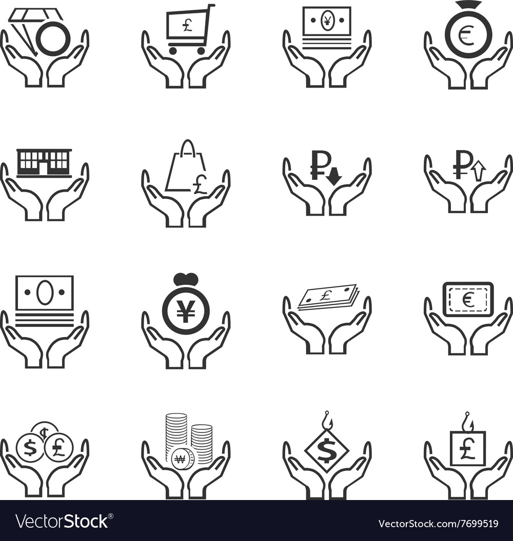 Hand and money icons set