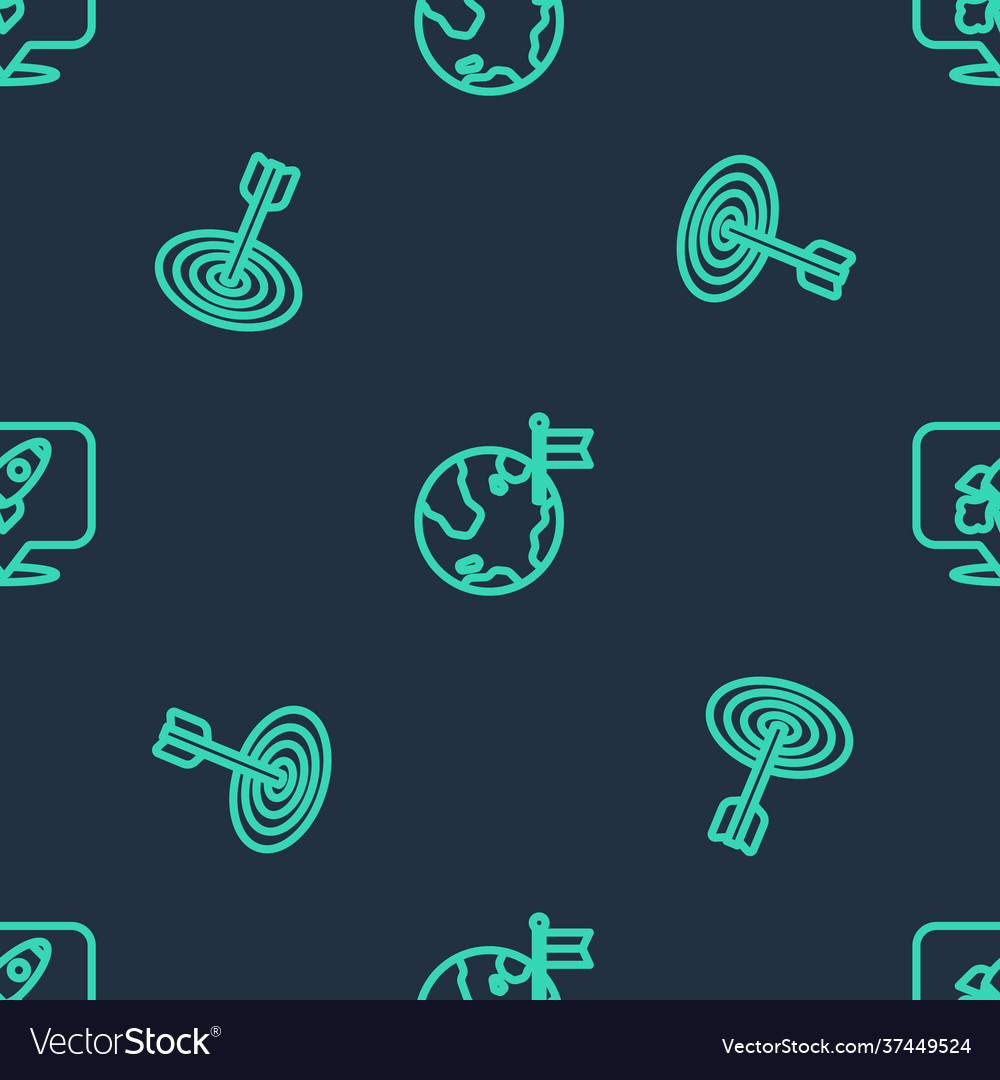 Set line planet with flag target and rocket ship vector image Set line planet with flag target and rocket ship