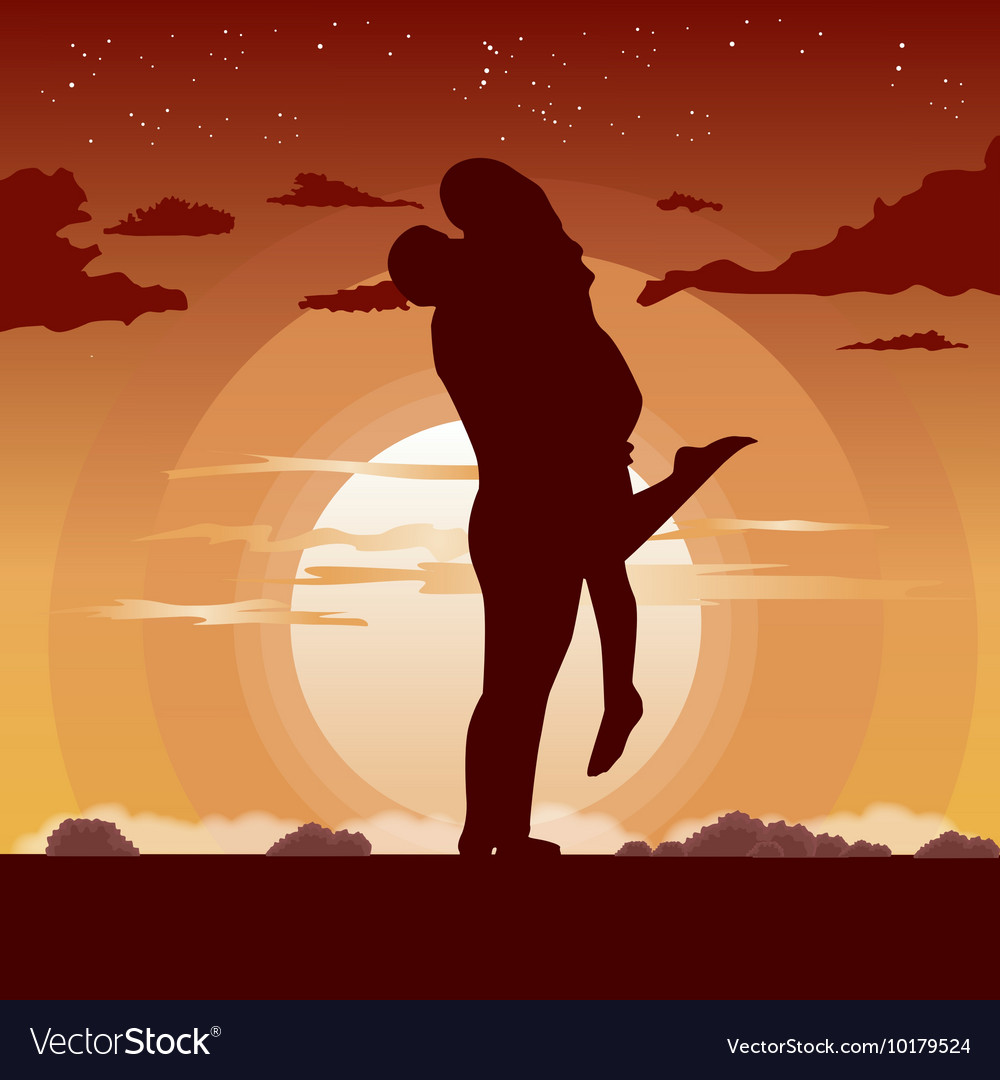 Silhouette Of Loving Couple In Hug At Sunset Vector Image 1736