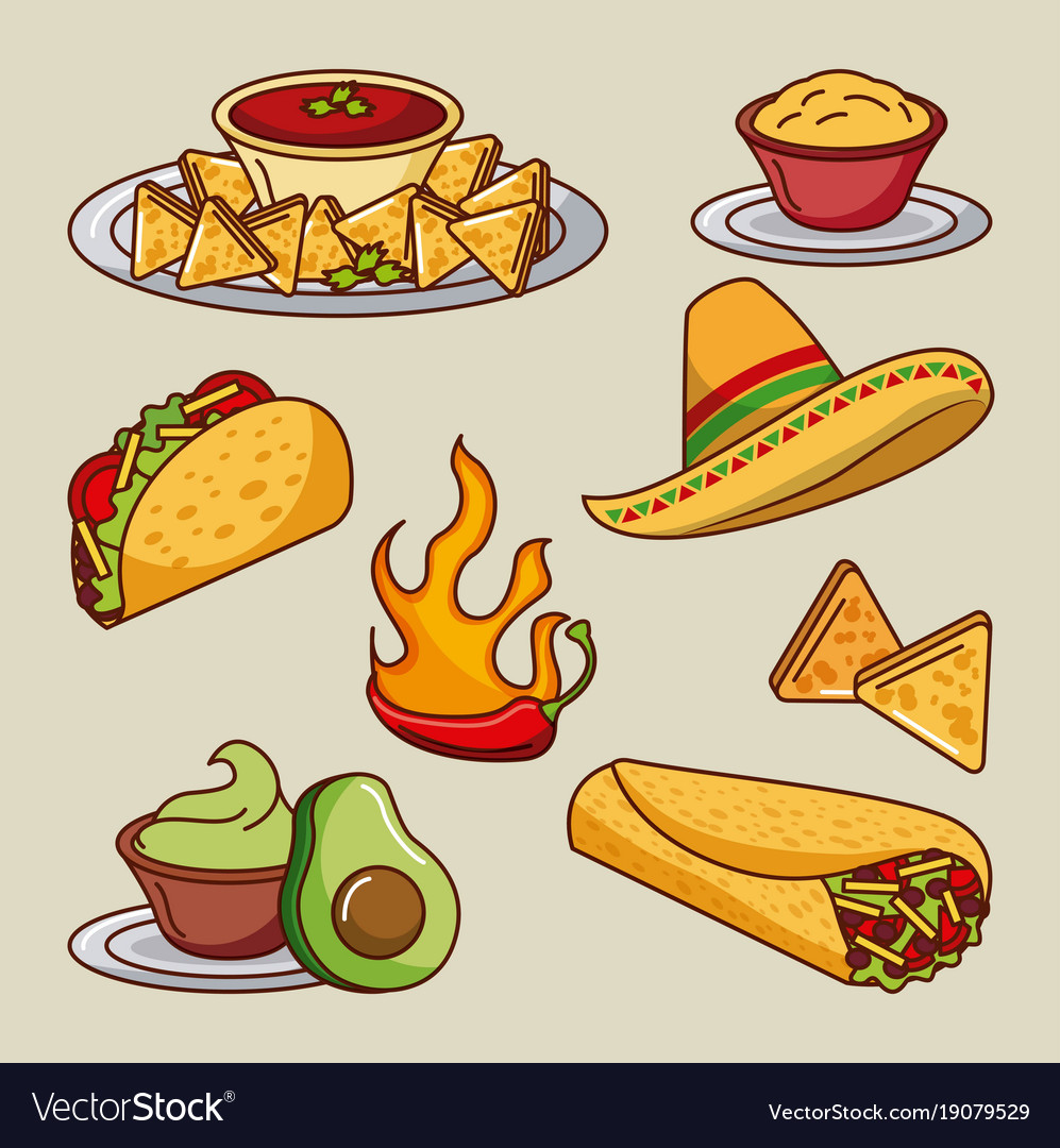 Mexican food set icons menu ingredients spicy Vector Image