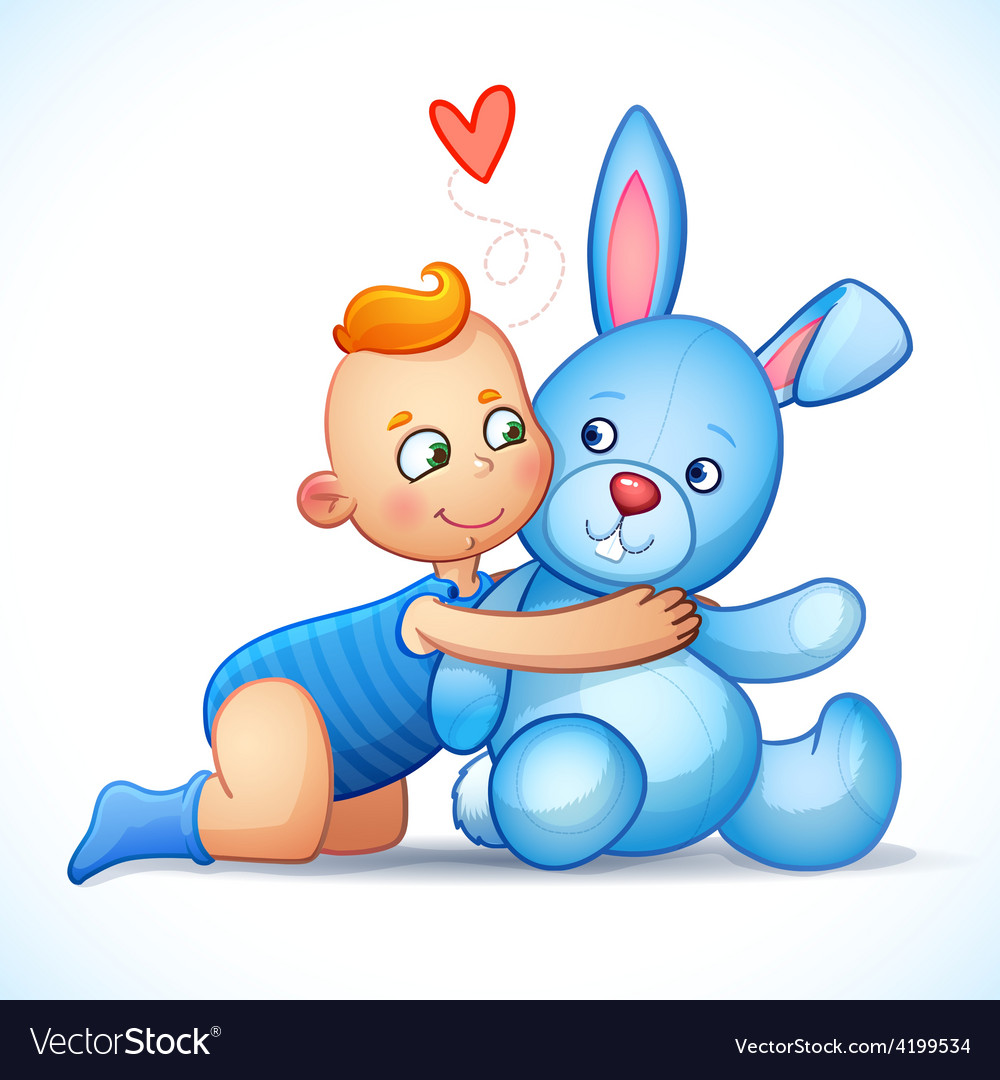 Baby boy redhead hugs bunny toy on a white