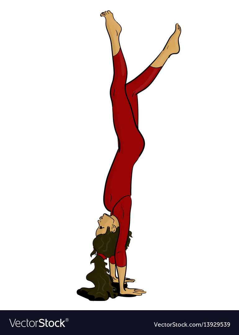 A girl in red clothes is standing on her hands