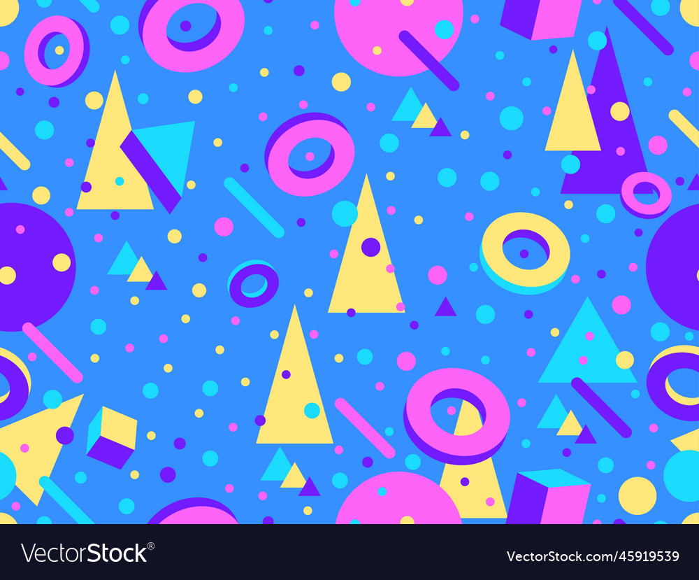 Geometric seamless pattern with 3d shapes in 80s