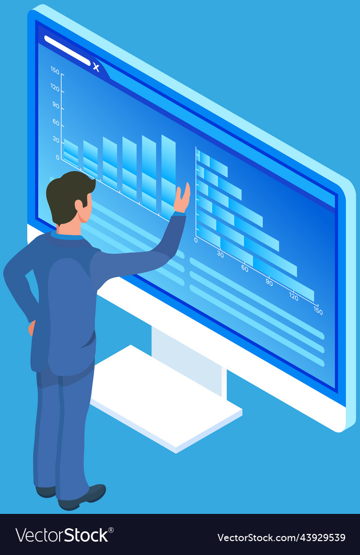 Man analyses digital report with data statistical vector image Man analyses digital report with data statistical