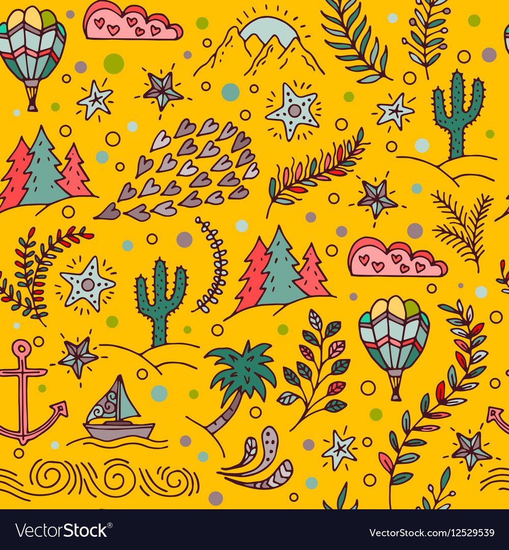 Seamless pattern with cactus palm trees ship