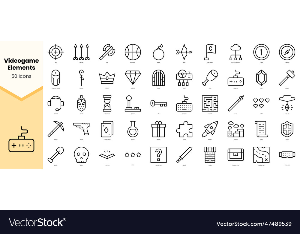 Set of videogame elements icons simple line art vector image Set of videogame elements icons simple line art