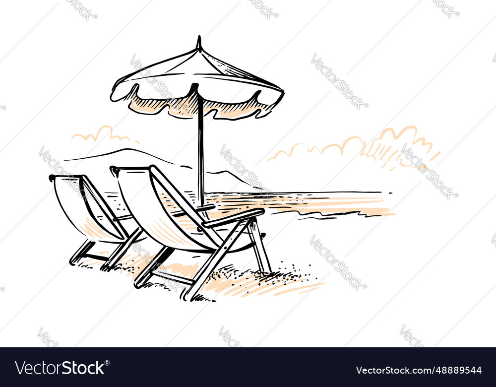 Beach chair with umbrella vintage drawing Vector Image