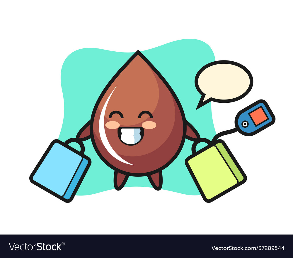 Chocolate drop mascot cartoon holding a shopping