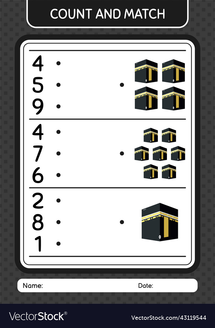 Count and match game with kaaba worksheet vector image Count and match game with kaaba worksheet