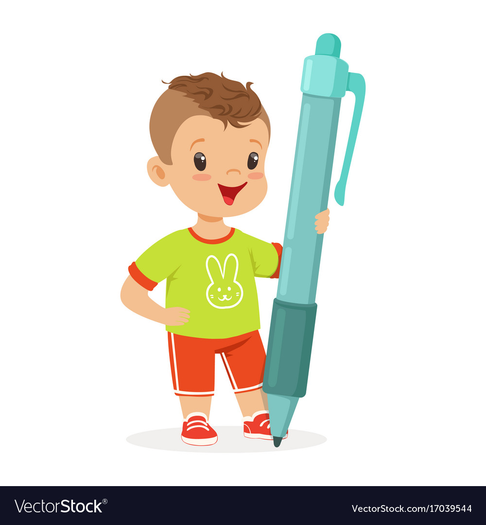 Cute smiling little boy holding giant blue pen Vector Image