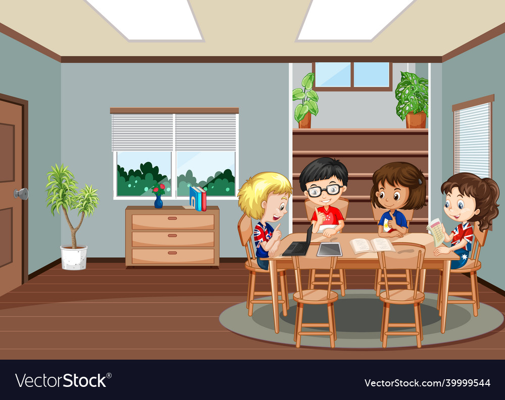 Interior of living room with children