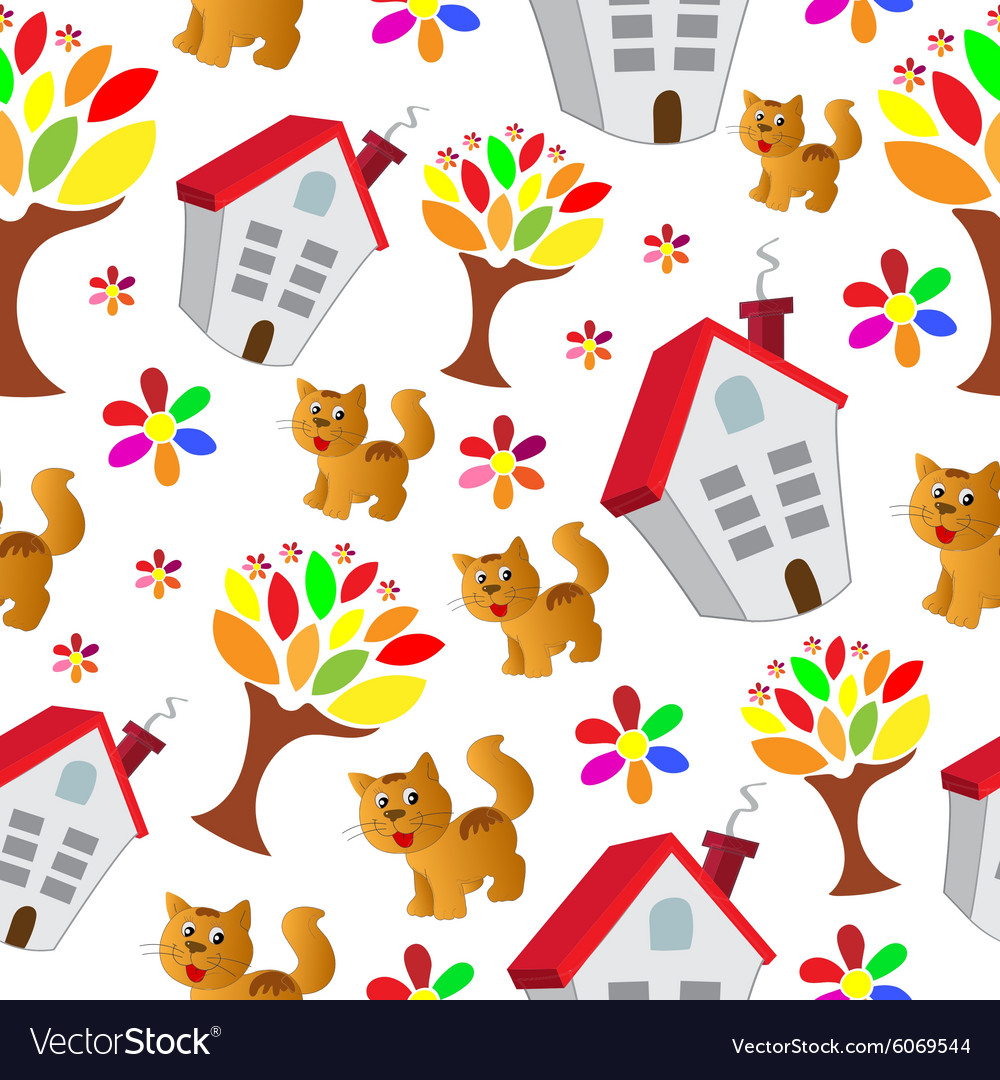 Seamless pattern with house cat and tree