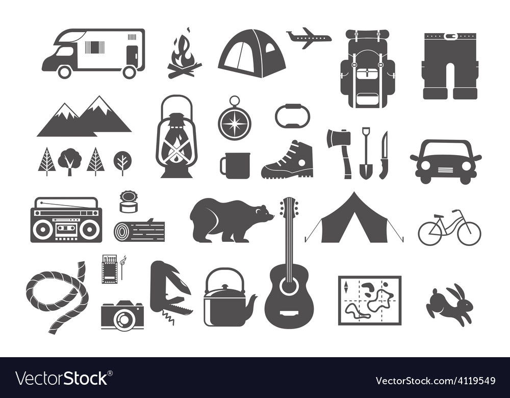 Hiking camping - set icons and elements Royalty Free Vector