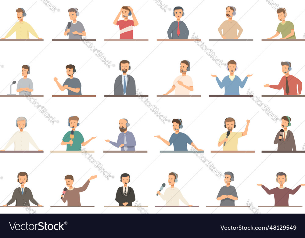 Sports commentator icons set cartoon Royalty Free Vector