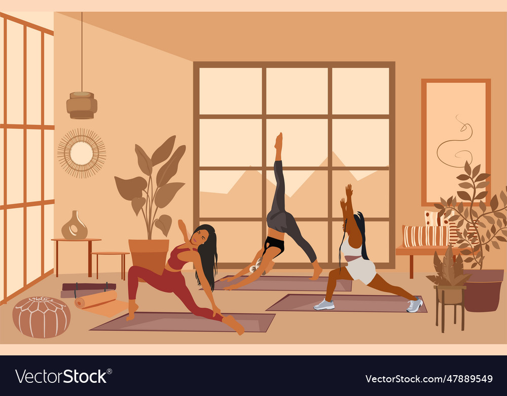 Yoga-Klasse im modernen japanischen Stil Innenausstattung vector image Yoga-Klasse im modernen japanischen Stil Innenausstattung