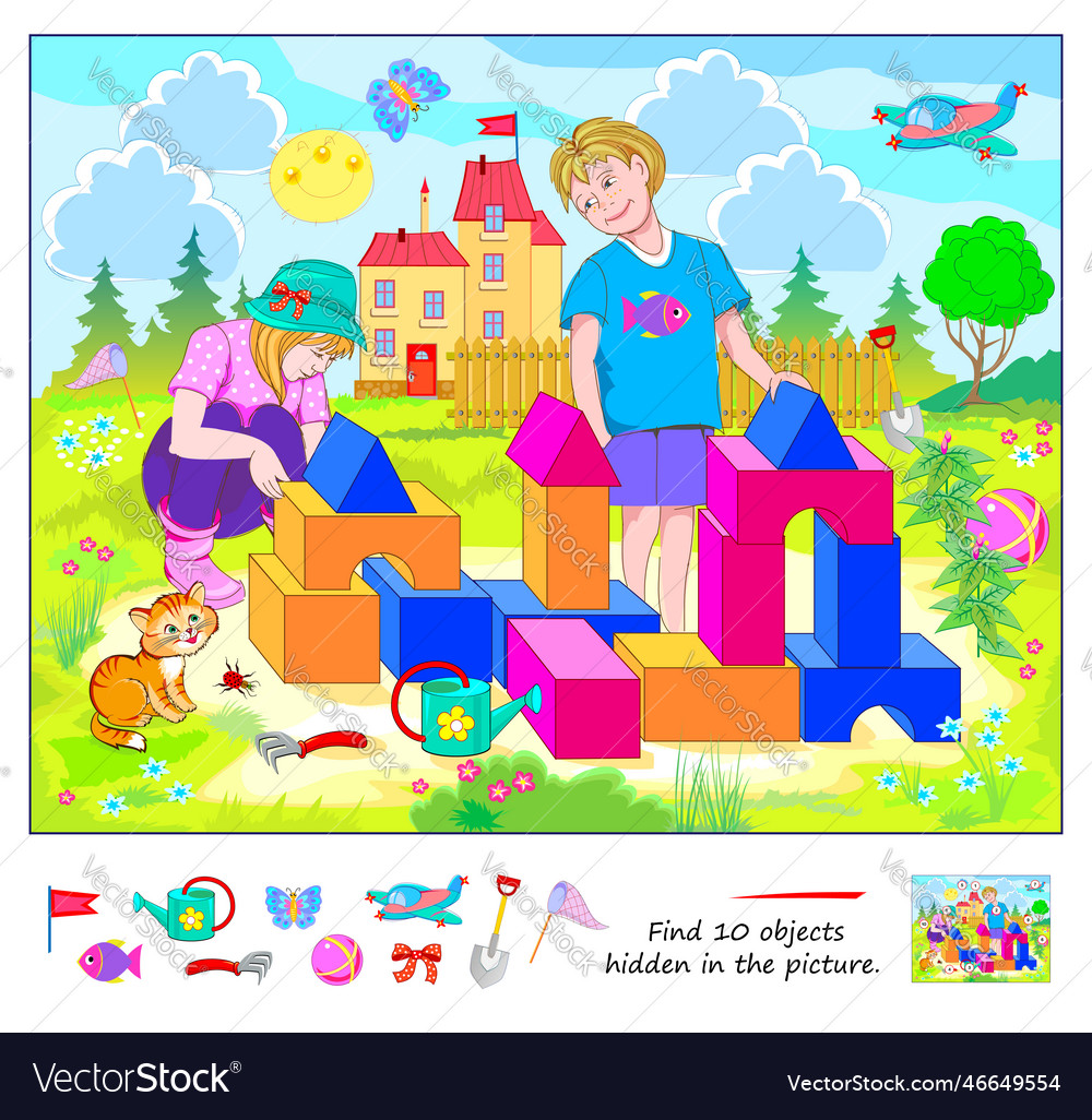 Find 10 objects hidden in the picture logic vector image Find 10 objects hidden in the picture logic