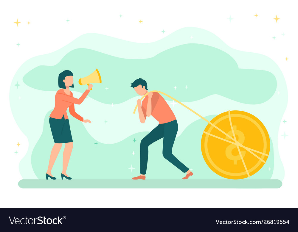 Golden dollar coin woman shouting at man business