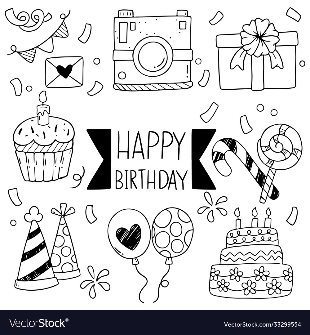 Hand drawn party doodle happy birthday ornaments Vector Image