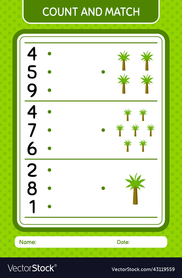 Count and match game with palm tree worksheet vector image Count and match game with palm tree worksheet