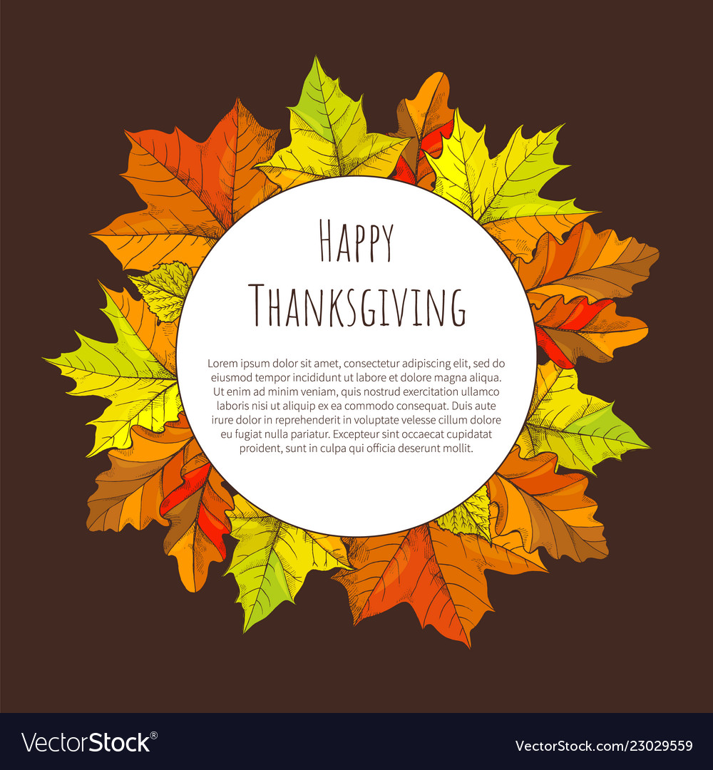 Happy thanksgiving day poster round frame leaves vector image Happy thanksgiving day poster round frame leaves
