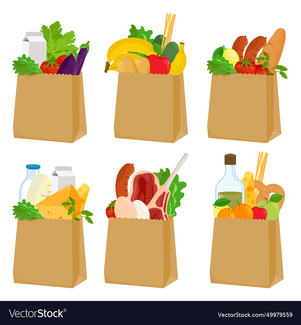 Paper bags set with groceries shopping food