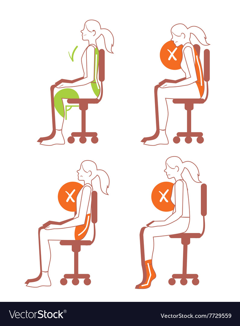 Sitting positions correct spine posture Royalty Free Vector