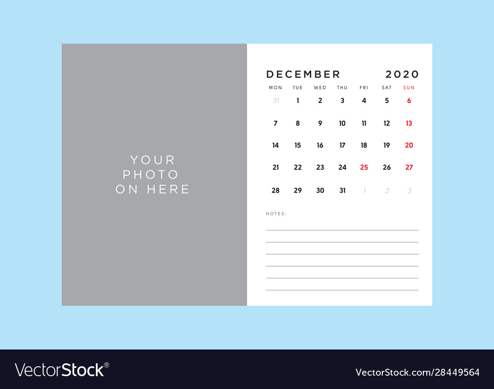 Calendar 2020 template in custom size vector image Calendar 2020 template in custom size