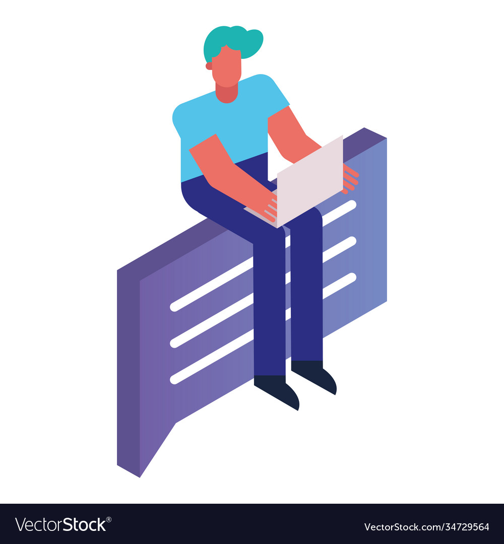 Man using laptop seated in speech bubble vector image Man using laptop seated in speech bubble