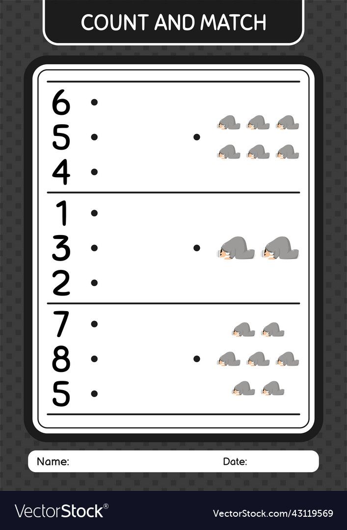 Count and match game with praying worksheet vector image Count and match game with praying worksheet