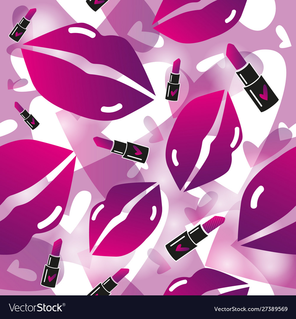 Stylized pink lips and lipstick seamless pattern