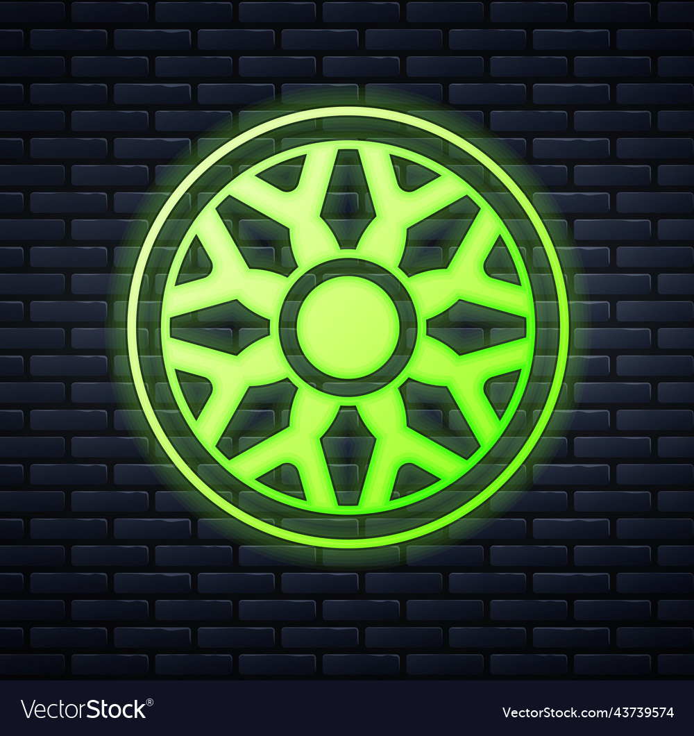 Glowing neon alloy wheel for car icon isolated