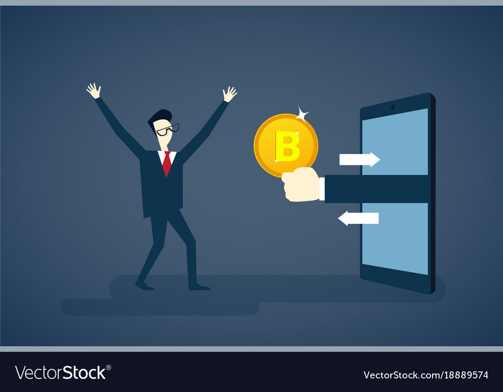 Man getting bitcoin from smart phone crypto