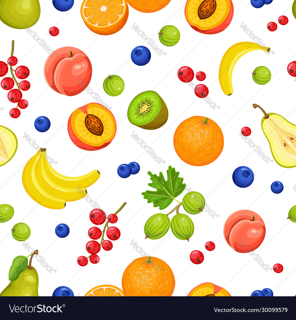 Seamless pattern with fruits and berries on white