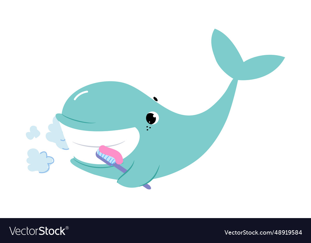 Blue whale character brushing teeth Royalty Free Vector