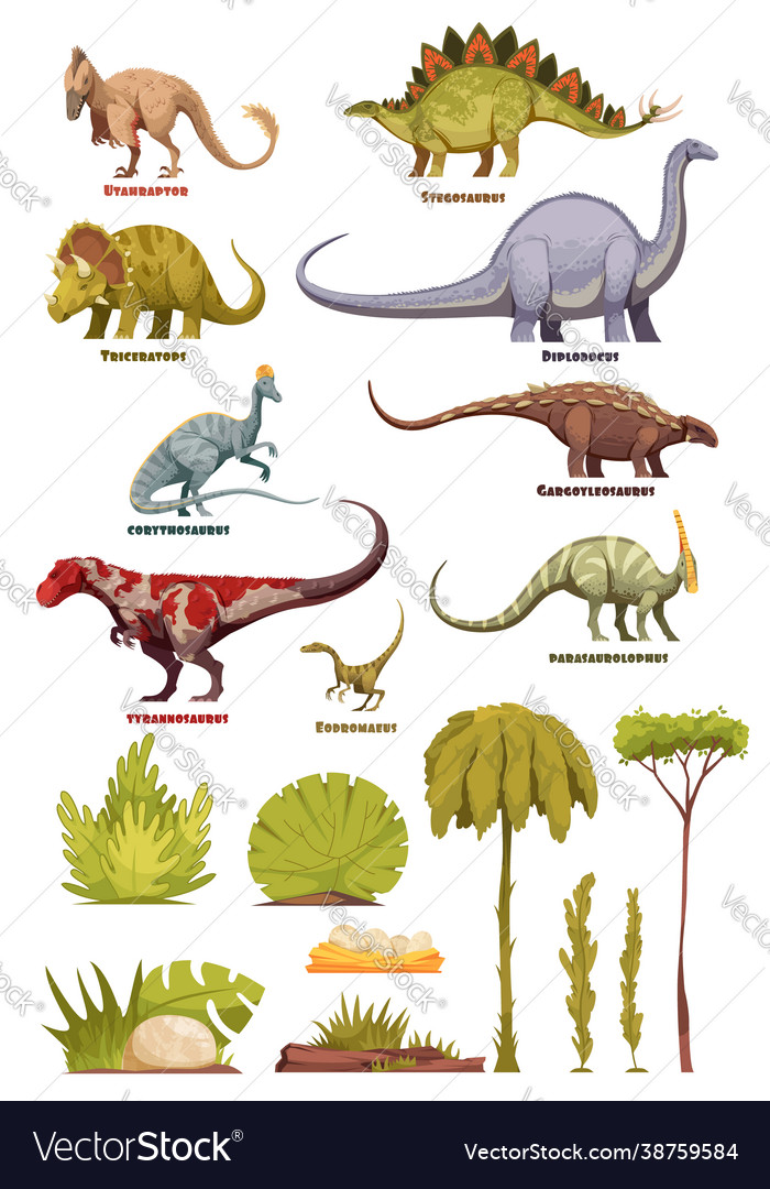 Dinosaurs and flora landscape elements Royalty Free Vector