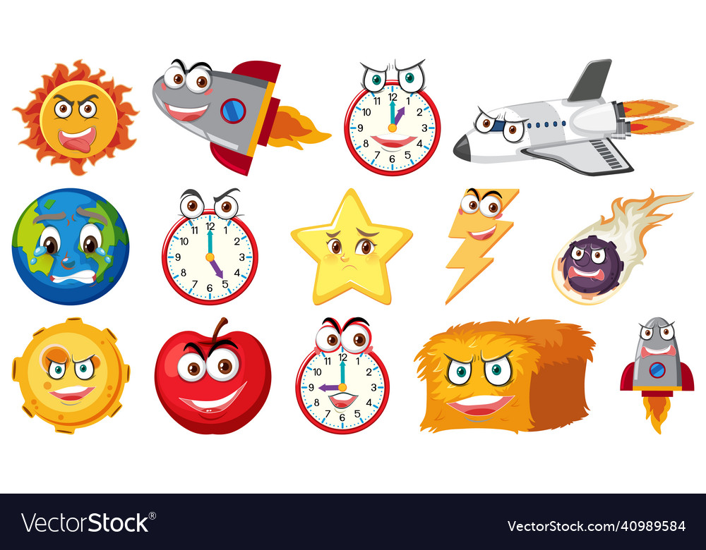 Set of different toy objects with smiley faces