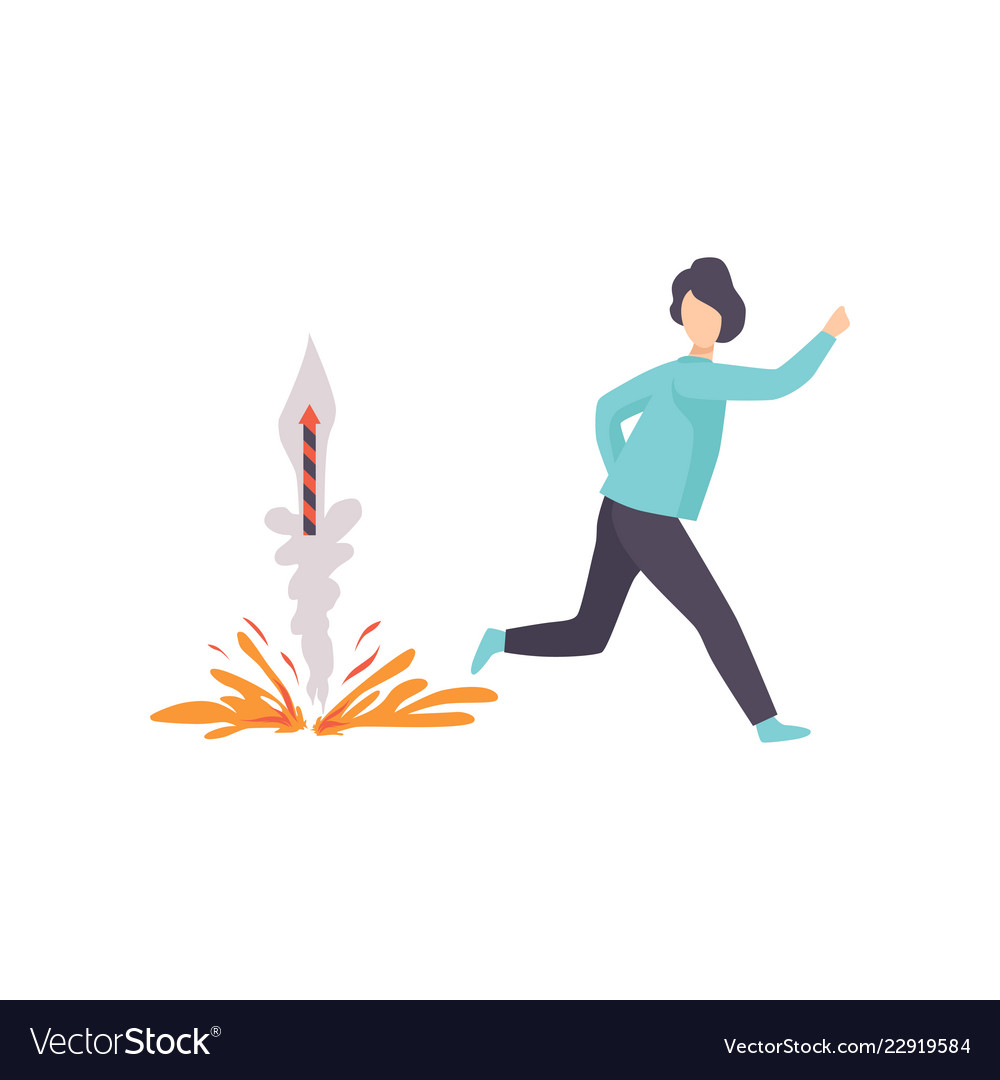 Young man running away from an exploding firework vector image Young man running away from an exploding firework