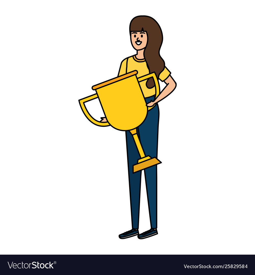 Young woman lifting trophy cup award