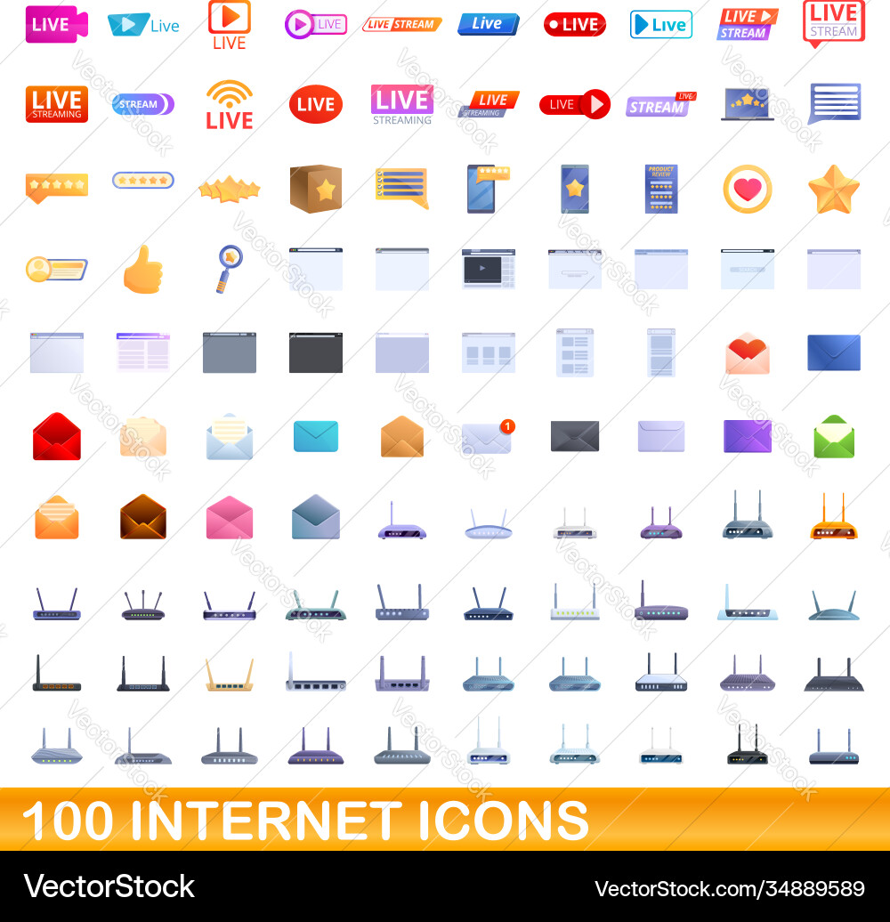 100 internet icons set cartoon style Royalty Free Vector