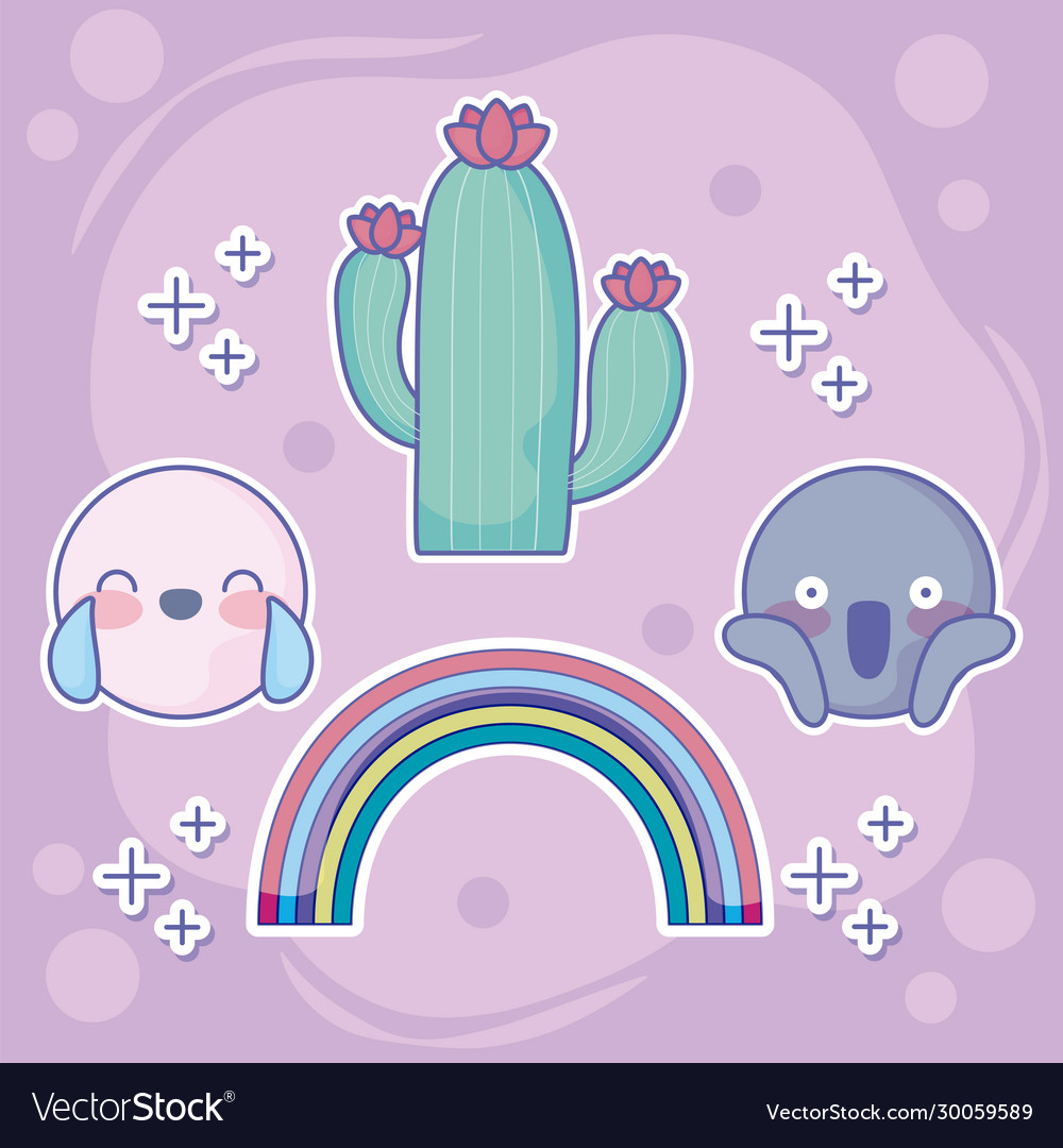 Rainbow and cute enojis icon set around