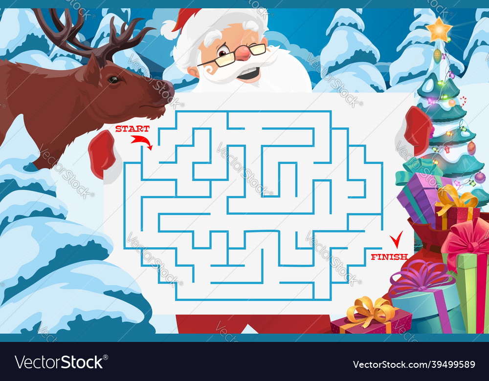 Santa claus with maze or labyrinth game template vector image Santa claus with maze or labyrinth game template