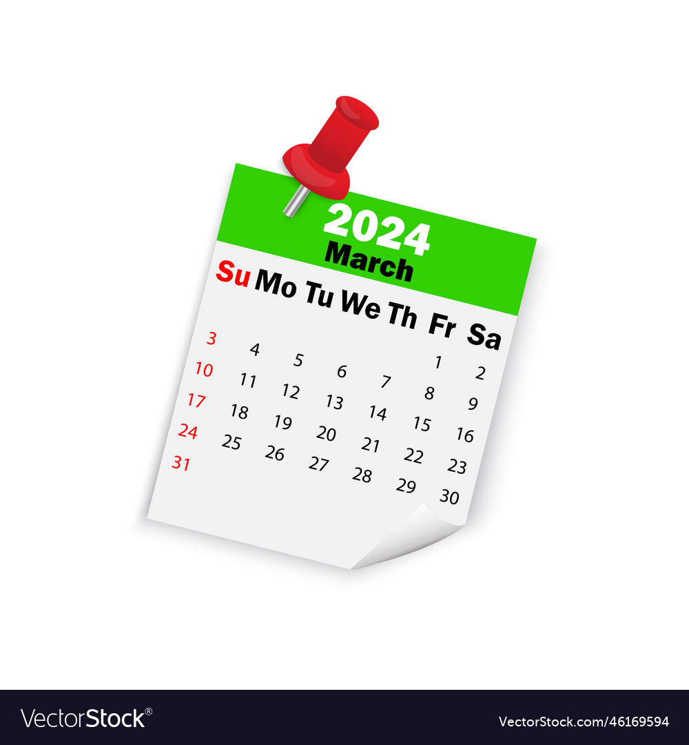 Green calendar 2024 march on pin Royalty Free Vector Image