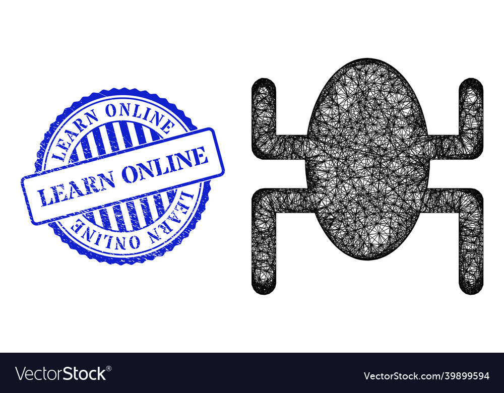 Grunge learn online stamp and net bug web mesh vector image Grunge learn online stamp and net bug web mesh