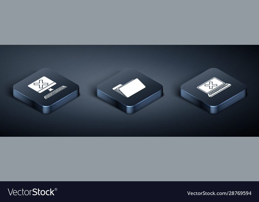 Set isometric computer with keyboard and x mark vector image Set isometric computer with keyboard and x mark