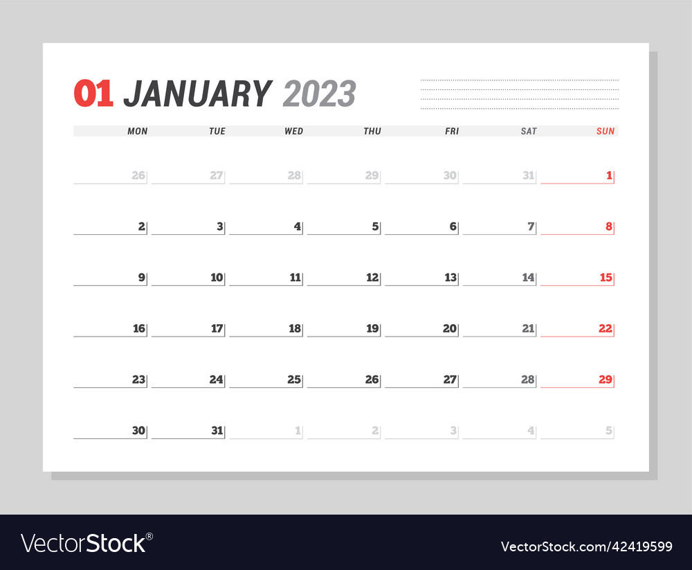 Calendar Page For January 2023 Monthly Planner Vector Image