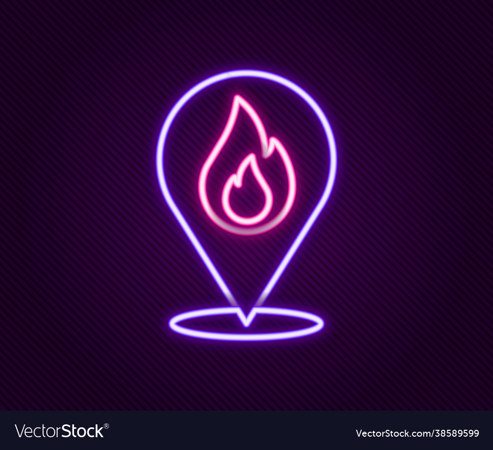 Glowing neon line map pointer with fire flame icon