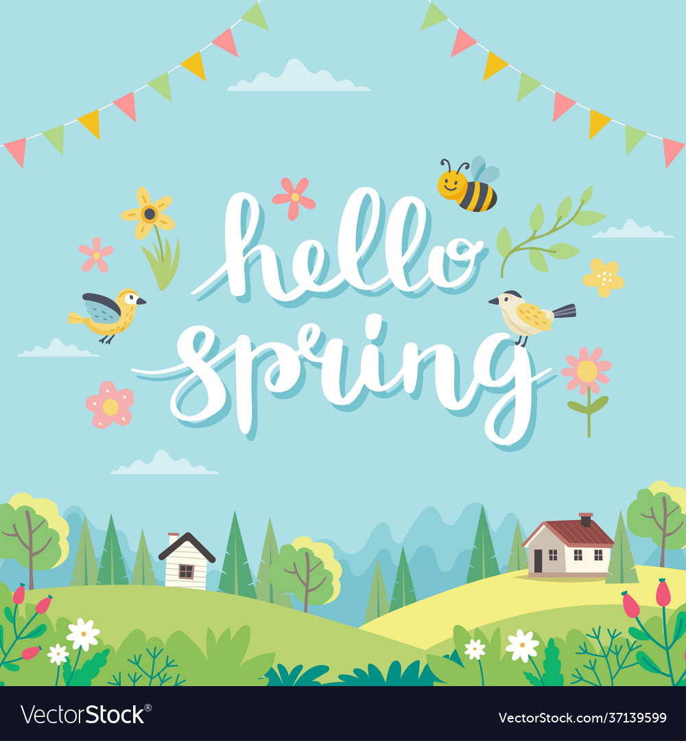 Hello spring card with lettering and cute Vector Image