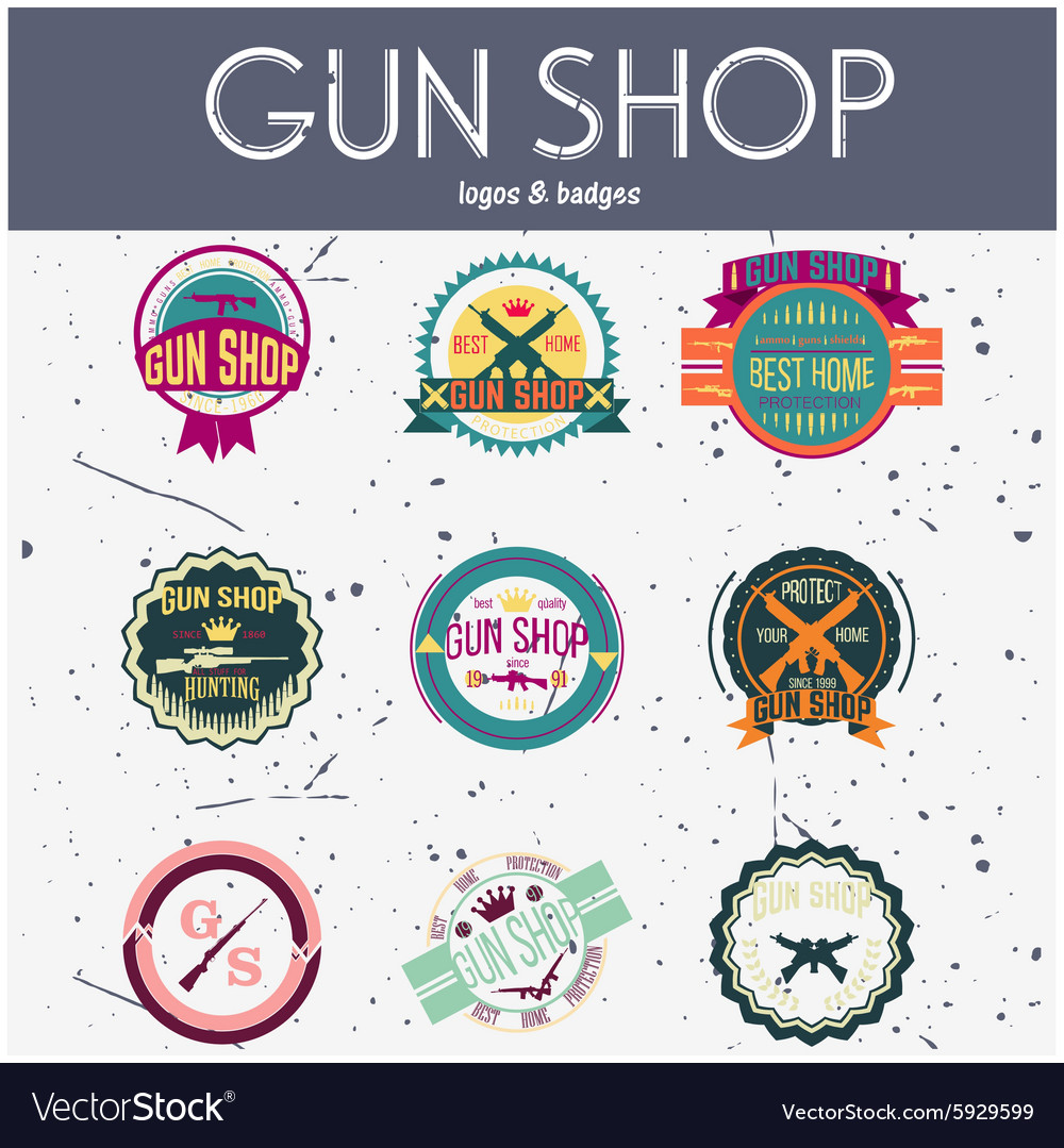 Pop art gun shop logotypes and badges set