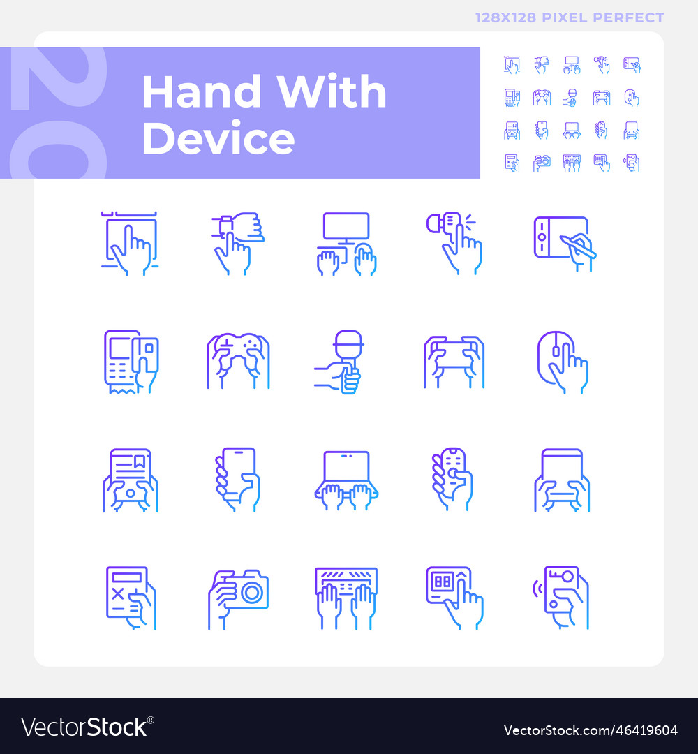 Hands with devices pixel perfect gradient linear vector image Hands with devices pixel perfect gradient linear